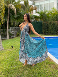 725 Teal Crocodile halter dress