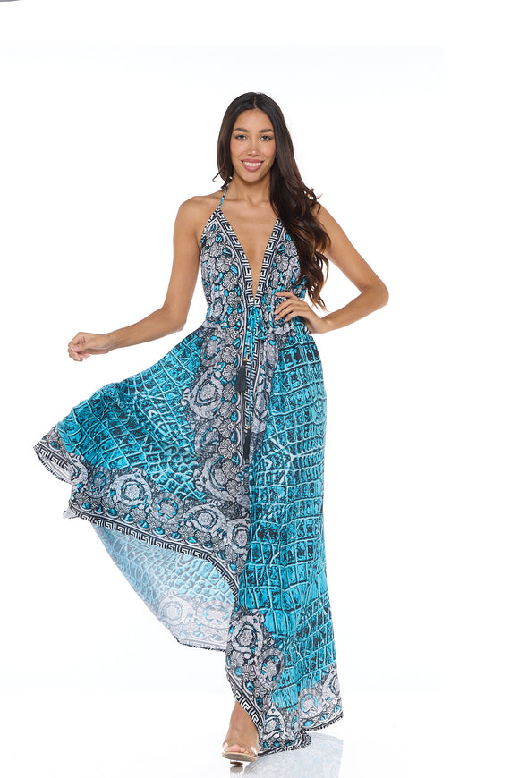 725 Teal Crocodile halter dress