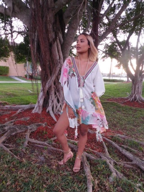 Boho white Floral short kaftan