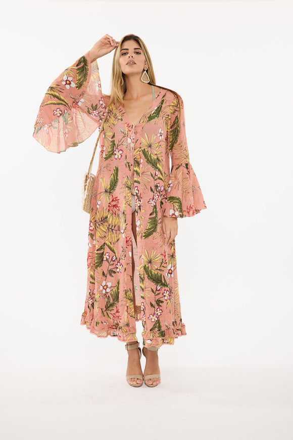 Pink Tropic Long Duster w/ Trumpet Sleeves 90005