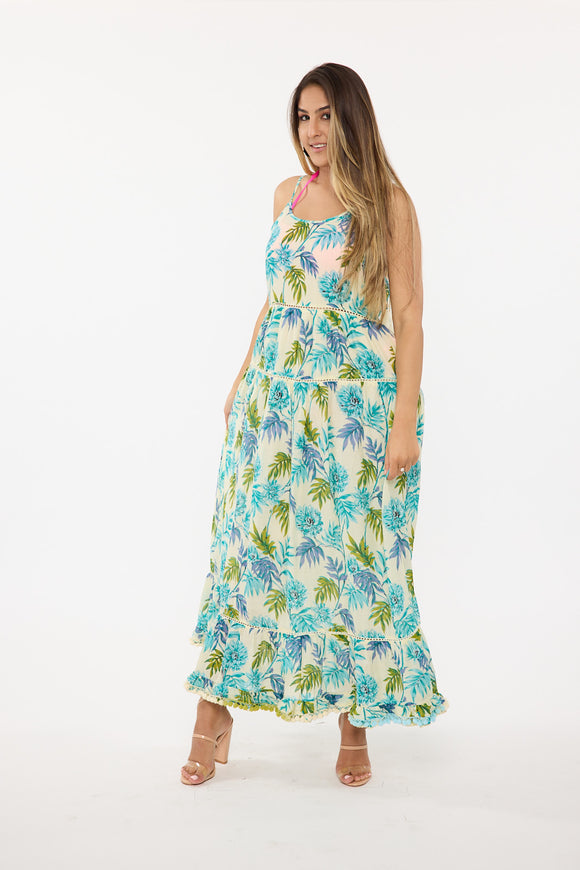 Green Leafy Tropical Long Dress