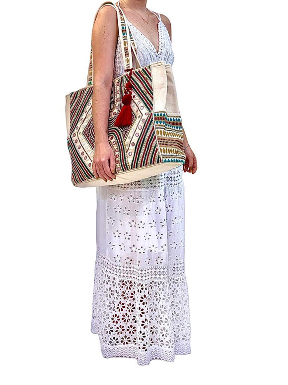 SB-010 Ivory/Multicolor Embroidered Tote BACK IN STOCK