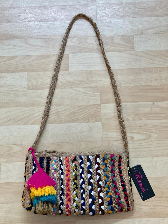 Multicolor straw crossbody with tassels